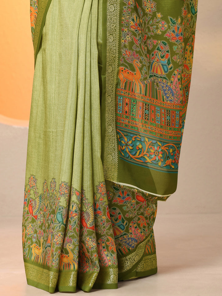 Green Printed Silk Blend Saree With Unstitched Blouse Piece
