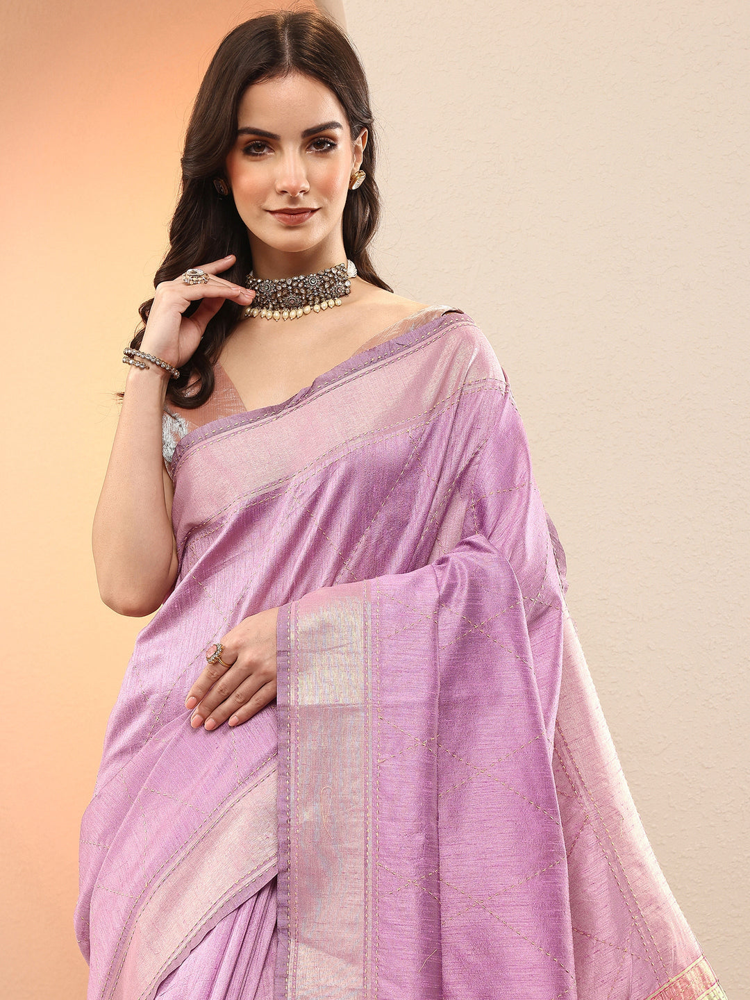 Lavender Embellished Silk Blend Sarees With Unstitched Blouse Piece