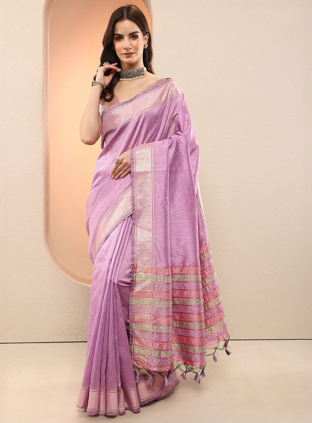 Lavender Embellished Silk Blend Sarees With Unstitched Blouse Piece