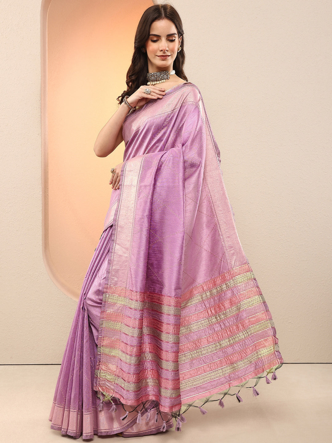 Lavender Embellished Silk Blend Sarees With Unstitched Blouse Piece