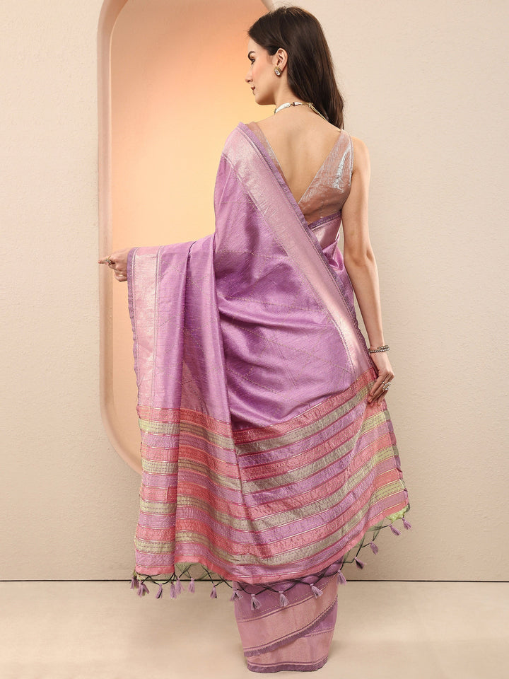Lavender Embellished Silk Blend Sarees With Unstitched Blouse Piece