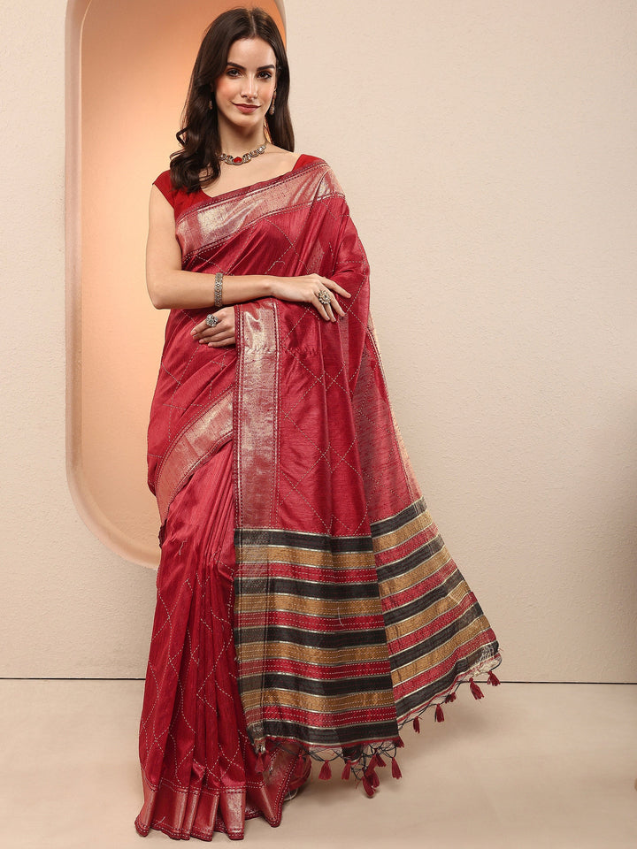 Red Embellished Silk Blend Sarees With Unstitched Blouse Piece