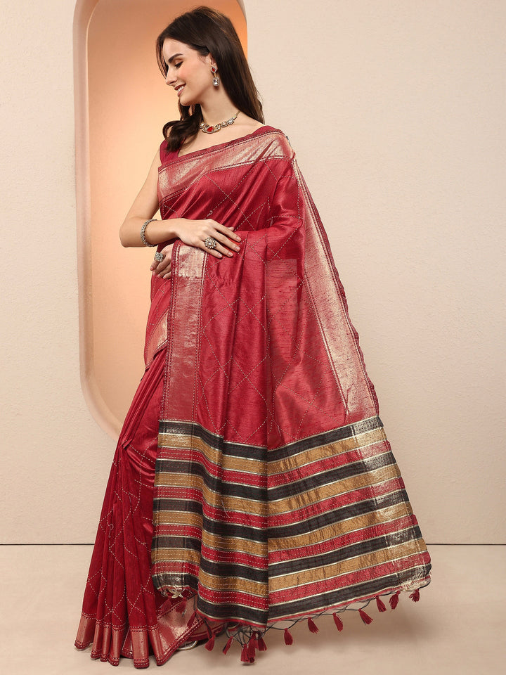 Red Embellished Silk Blend Sarees With Unstitched Blouse Piece