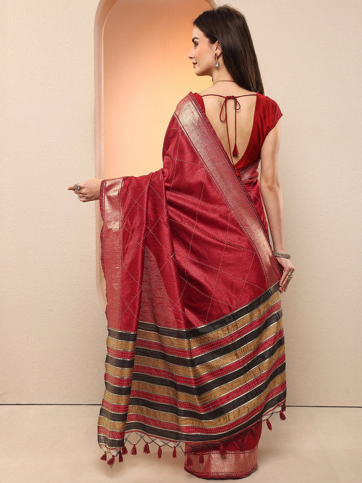 Red Embellished Silk Blend Sarees With Unstitched Blouse Piece