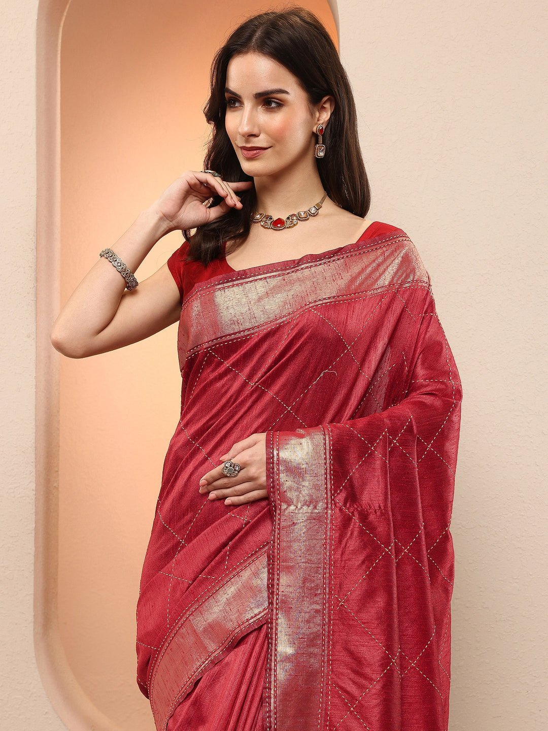 Red Embellished Silk Blend Sarees With Unstitched Blouse Piece
