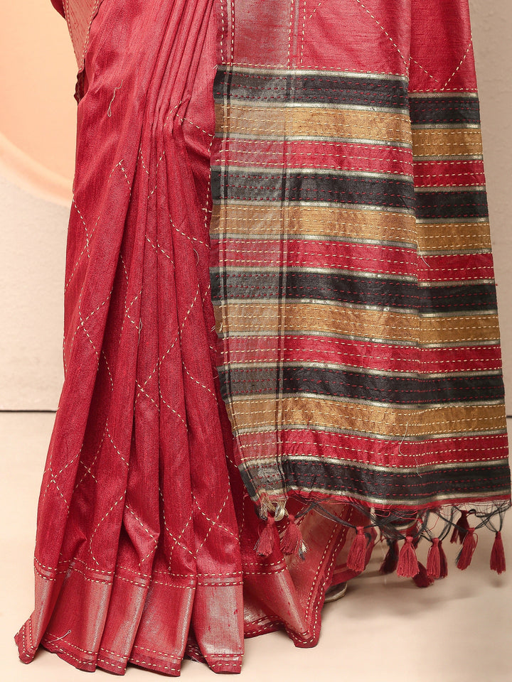 Red Embellished Silk Blend Sarees With Unstitched Blouse Piece