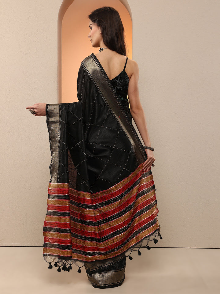 Black Embellished Silk Blend Saree With Unstitched Blouse Piece