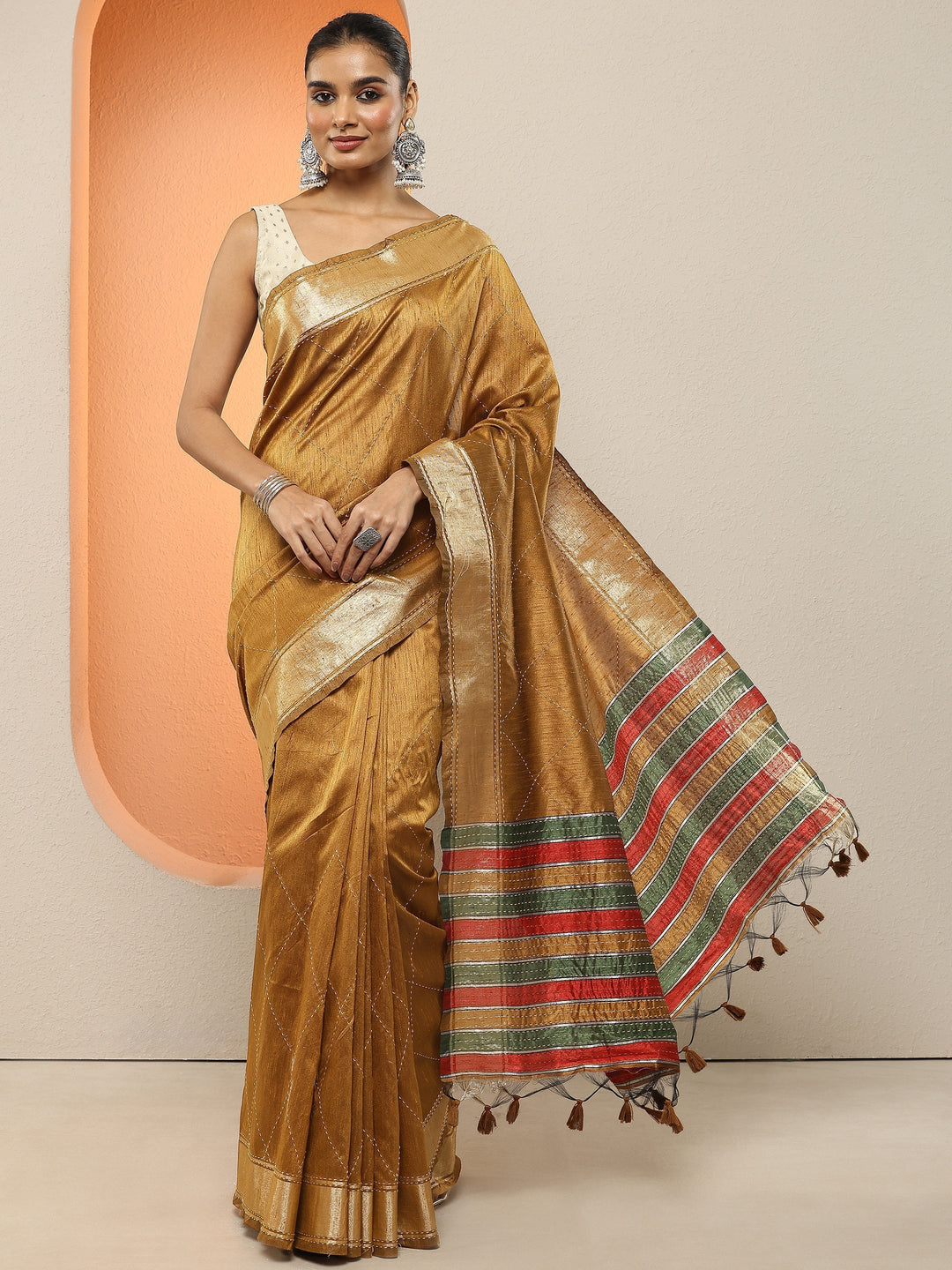 Mustard Embellished Silk Blend Sarees With Unstitched Blouse Piece