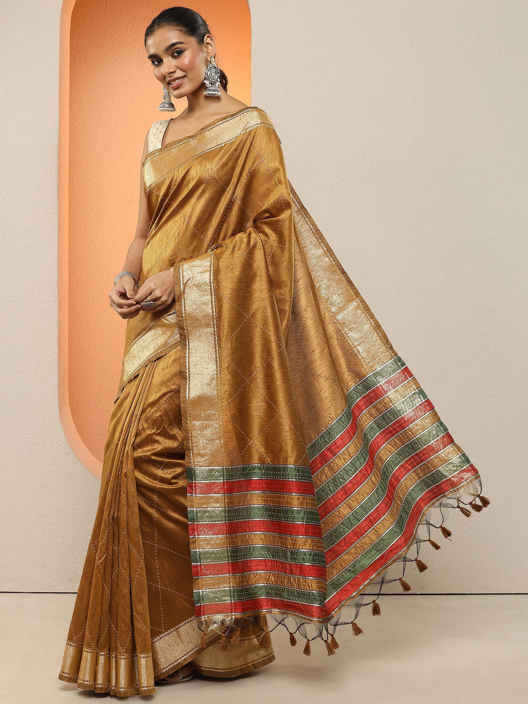 Mustard Embellished Silk Blend Sarees With Unstitched Blouse Piece