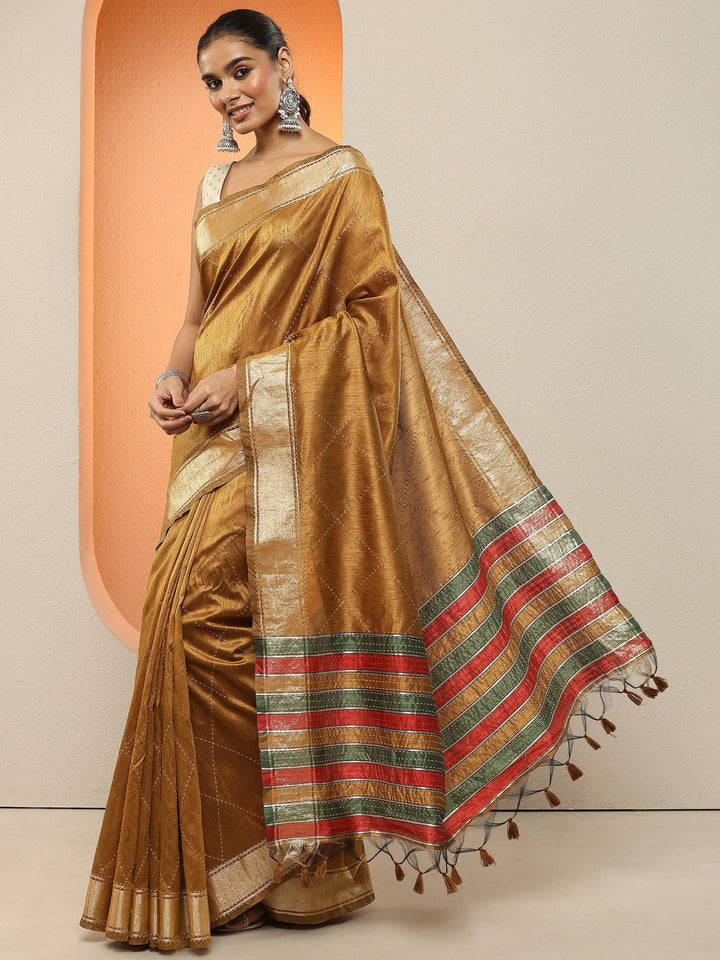 Mustard Embellished Silk Blend Sarees With Unstitched Blouse Piece