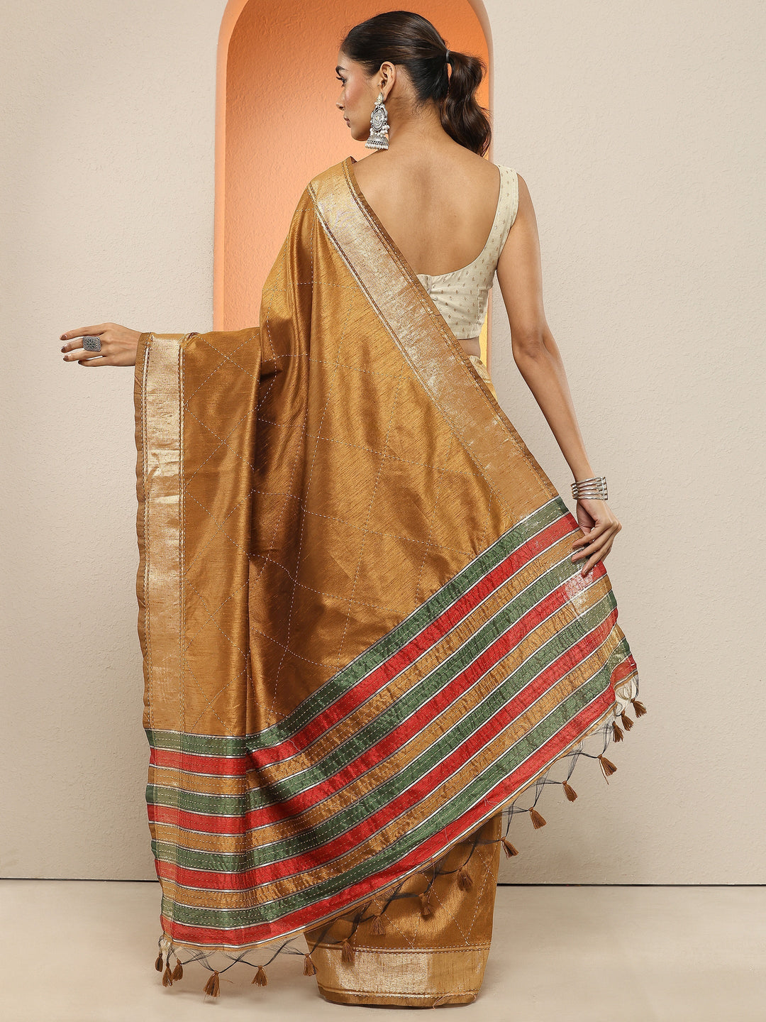 Mustard Embellished Silk Blend Sarees With Unstitched Blouse Piece