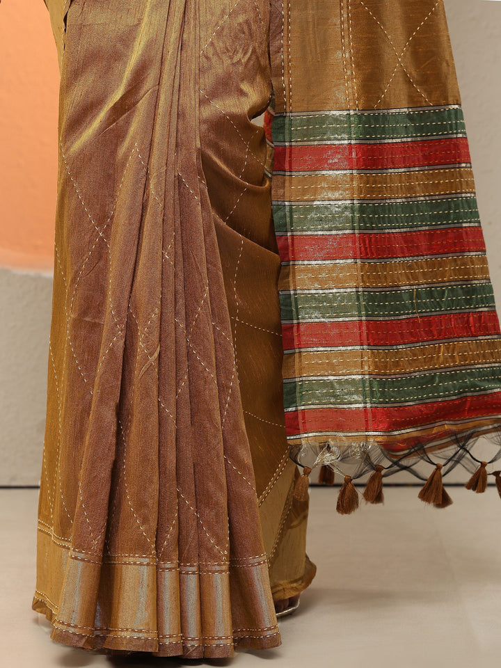 Mustard Embellished Silk Blend Sarees With Unstitched Blouse Piece