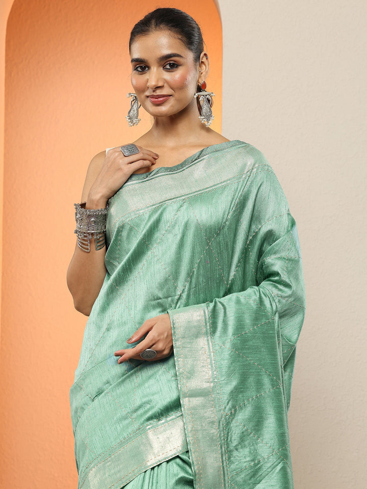 Green Embellished Silk Blend Sarees With Unstitched Blouse Piece