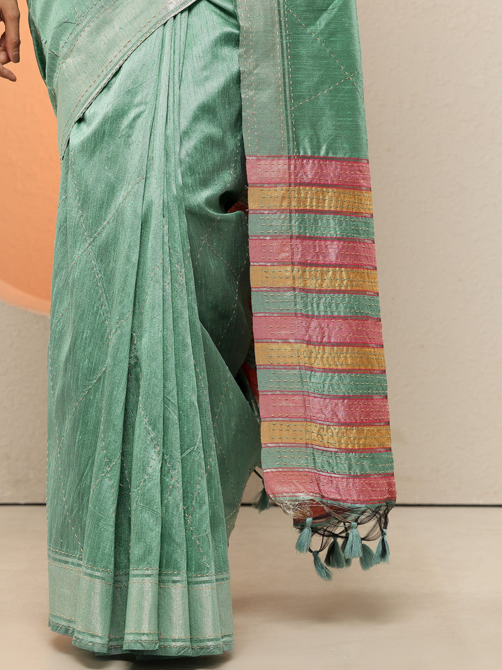 Green Embellished Silk Blend Sarees With Unstitched Blouse Piece