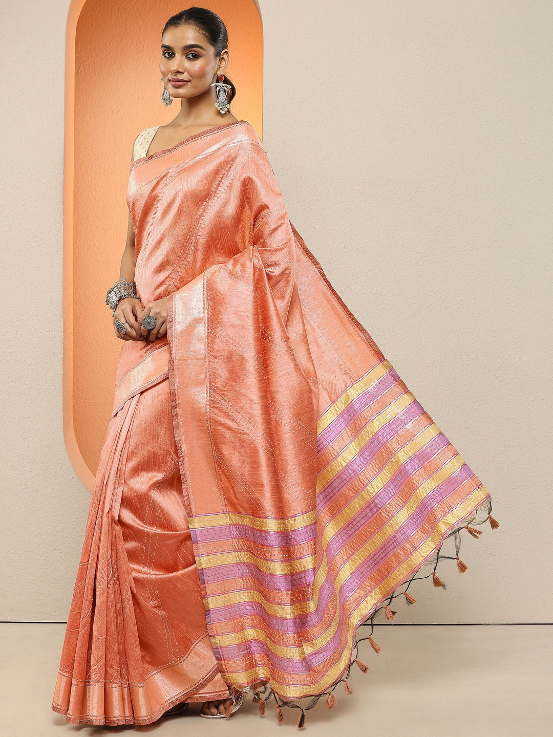 Peach Embellished Silk Blend Sarees With Unstitched Blouse Piece