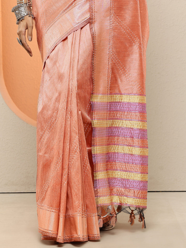 Peach Embellished Silk Blend Sarees With Unstitched Blouse Piece