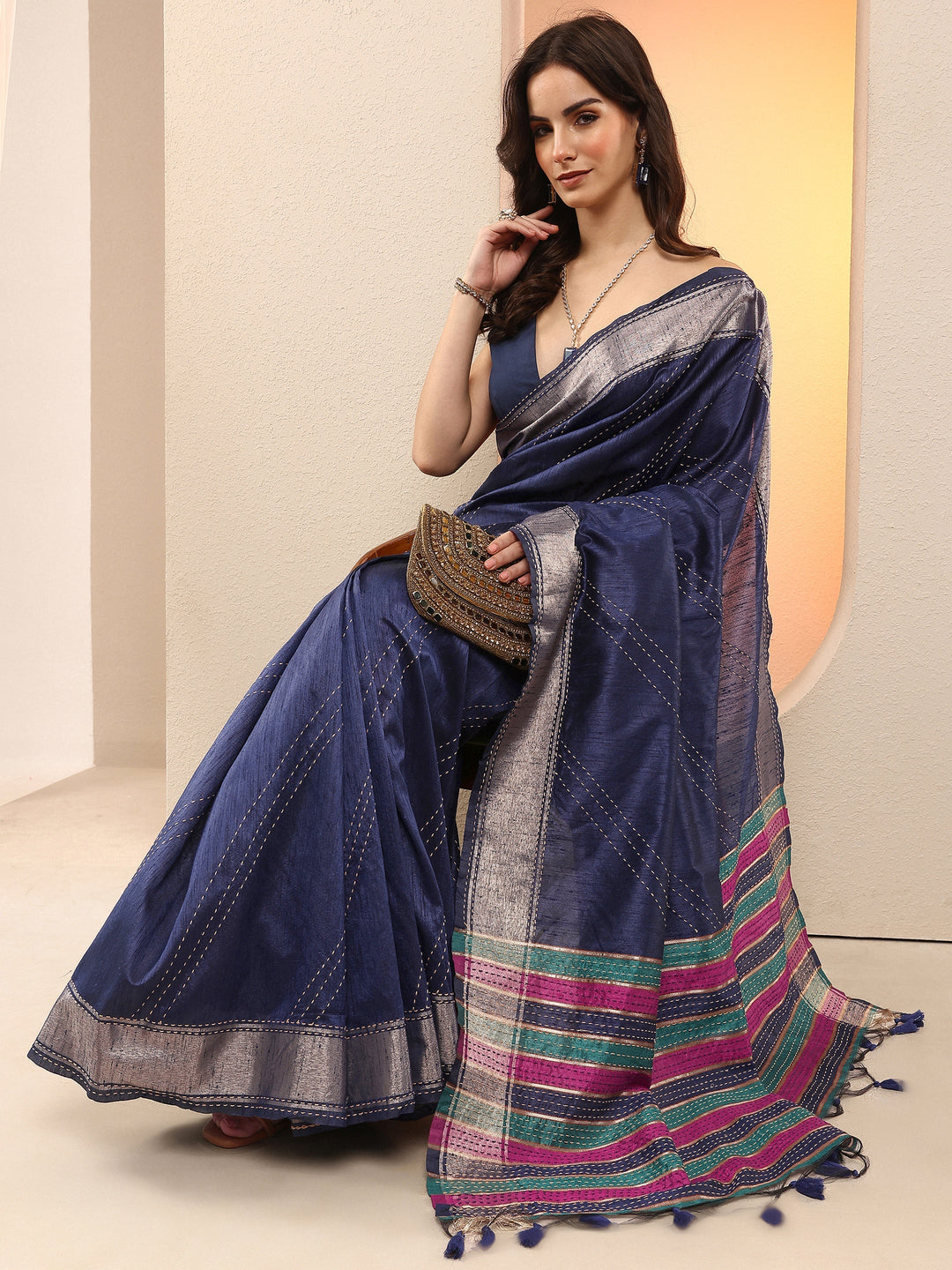 Navy Blue Embellished Silk Blend Sarees With Unstitched Blouse Piece