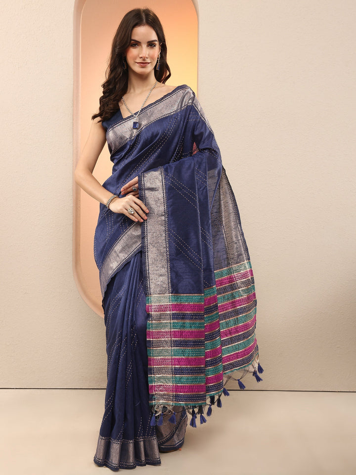 Navy Blue Embellished Silk Blend Sarees With Unstitched Blouse Piece