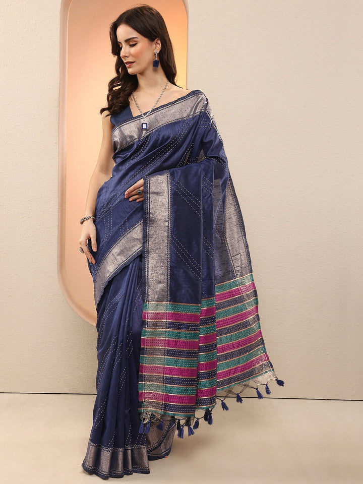Navy Blue Embellished Silk Blend Sarees With Unstitched Blouse Piece