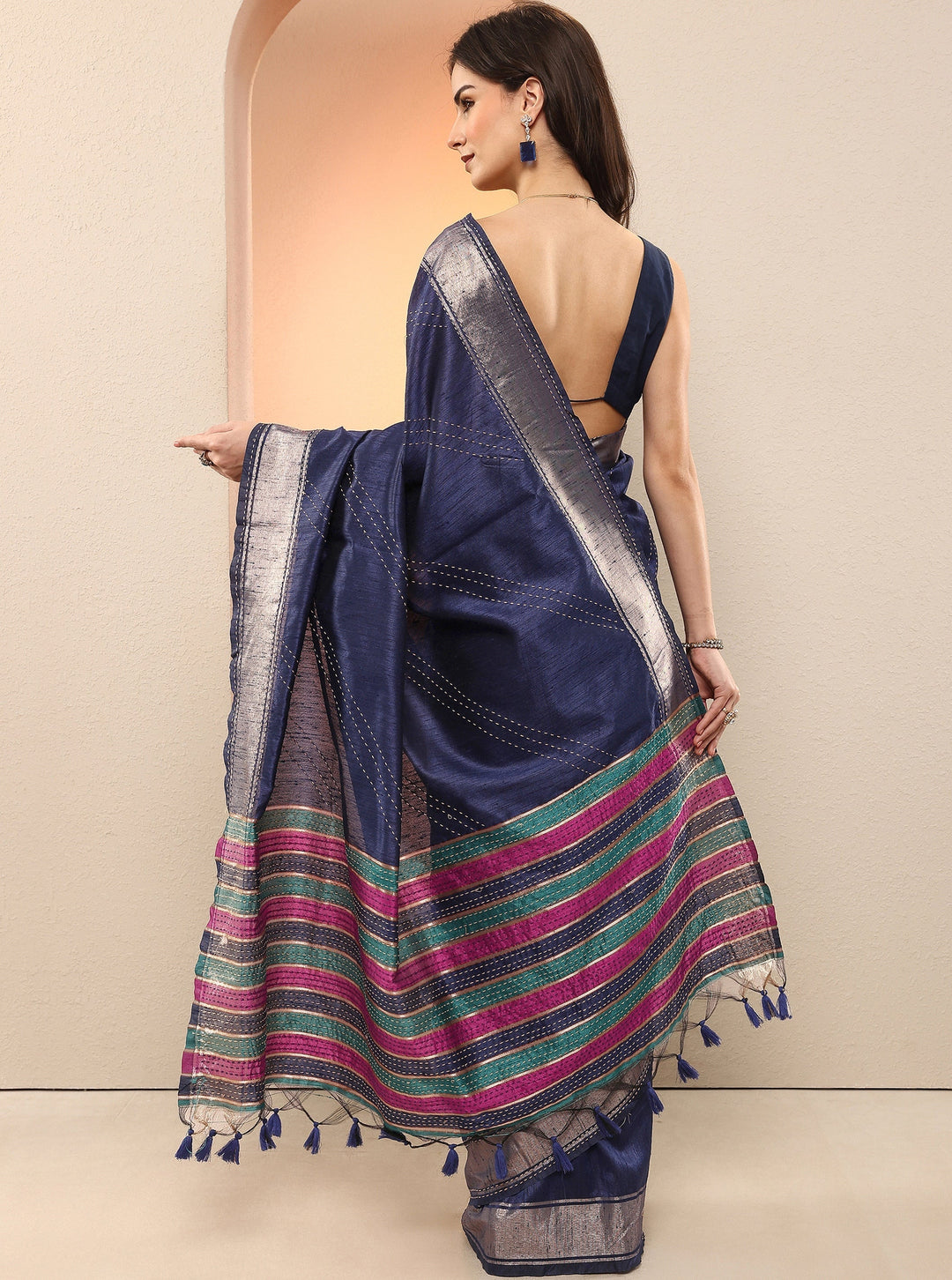 Navy Blue Embellished Silk Blend Sarees With Unstitched Blouse Piece
