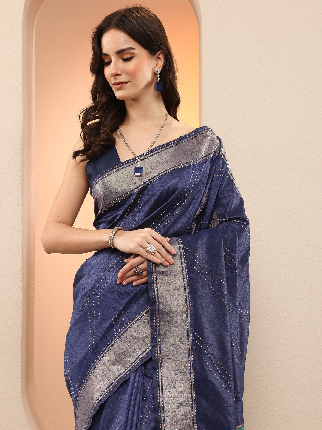 Navy Blue Embellished Silk Blend Sarees With Unstitched Blouse Piece