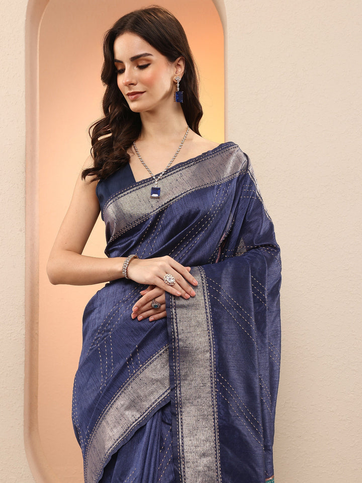 Navy Blue Embellished Silk Blend Sarees With Unstitched Blouse Piece
