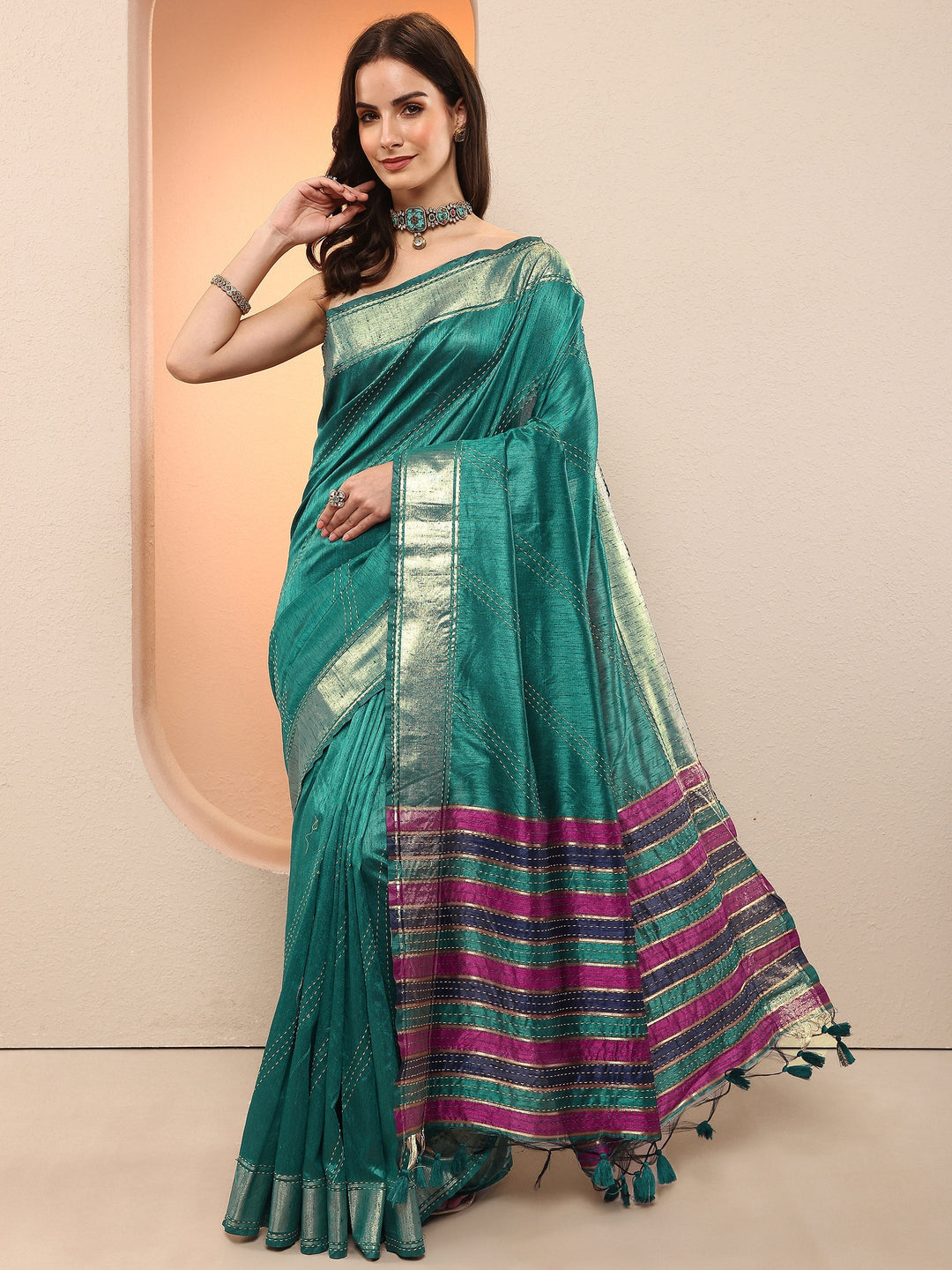 Teal Embellished Silk Blend Sarees With Unstitched Blouse Piece