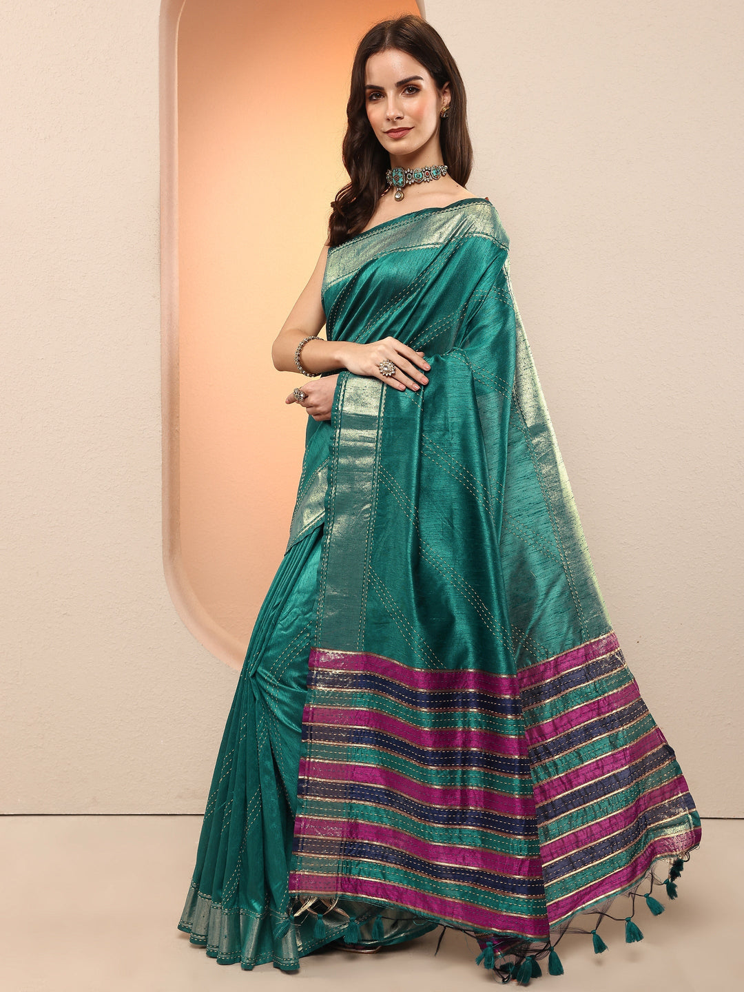 Teal Embellished Silk Blend Sarees With Unstitched Blouse Piece