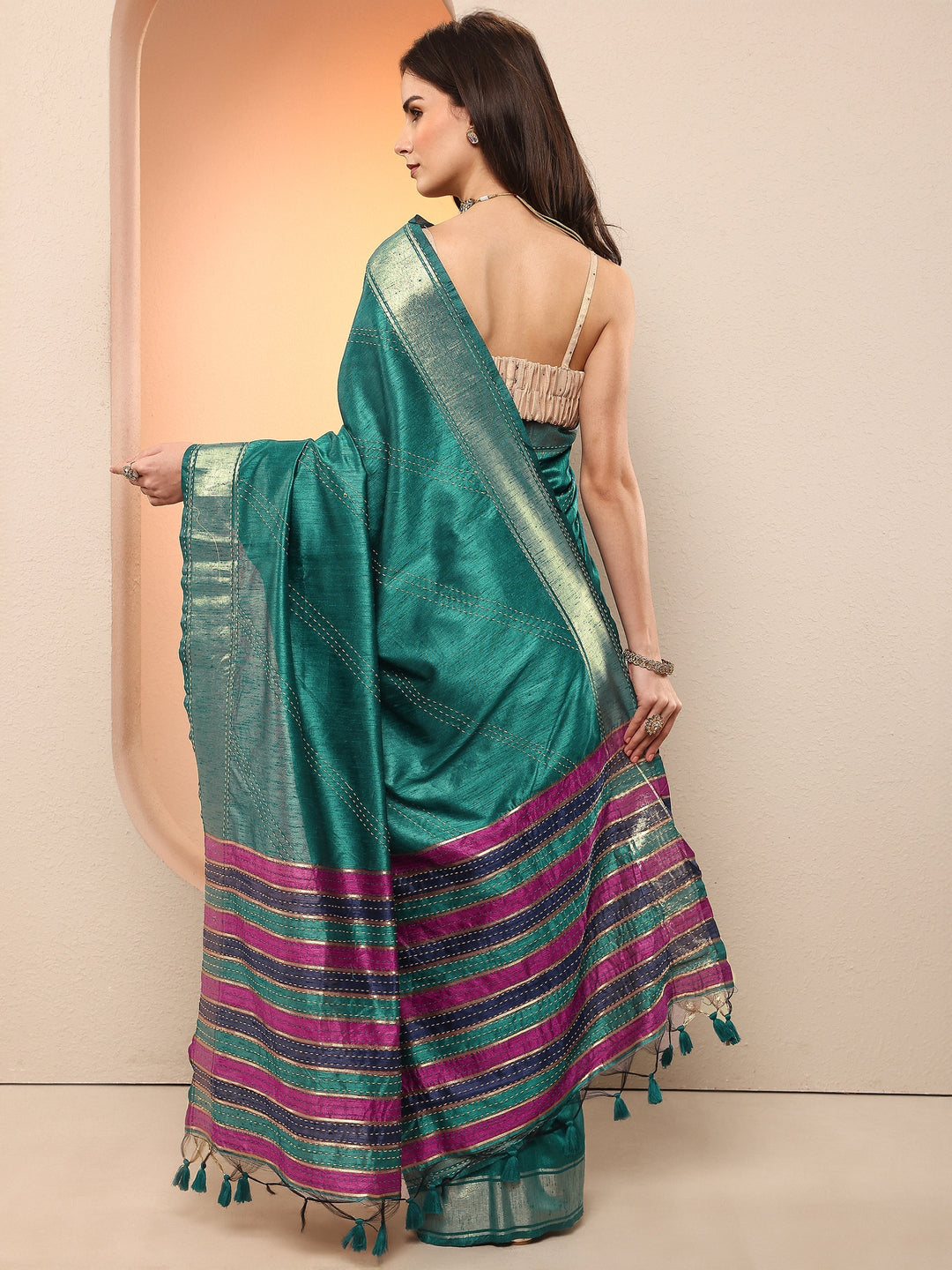 Teal Embellished Silk Blend Sarees With Unstitched Blouse Piece