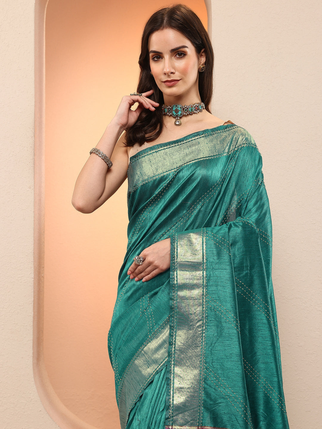 Teal Embellished Silk Blend Sarees With Unstitched Blouse Piece