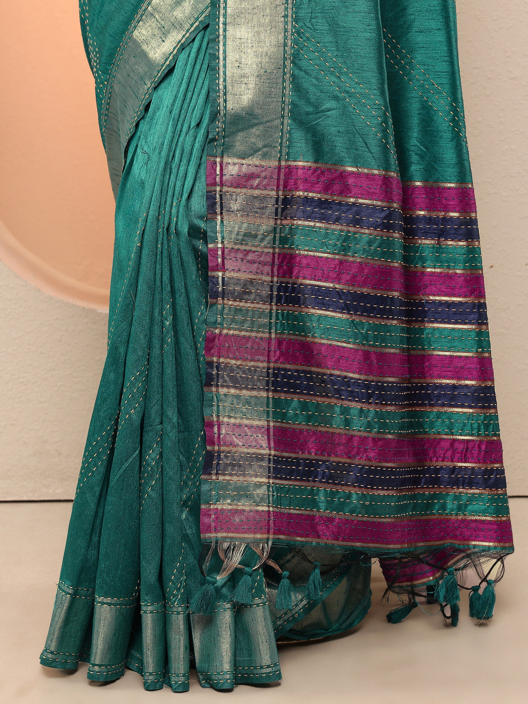 Teal Embellished Silk Blend Sarees With Unstitched Blouse Piece