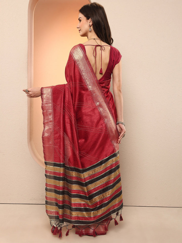 Red Embellished Silk Blend Sarees With Unstitched Blouse Piece