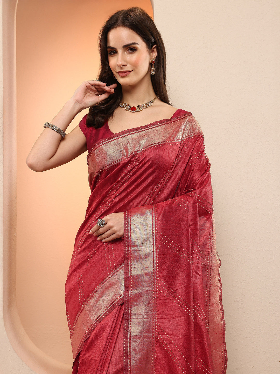 Red Embellished Silk Blend Sarees With Unstitched Blouse Piece