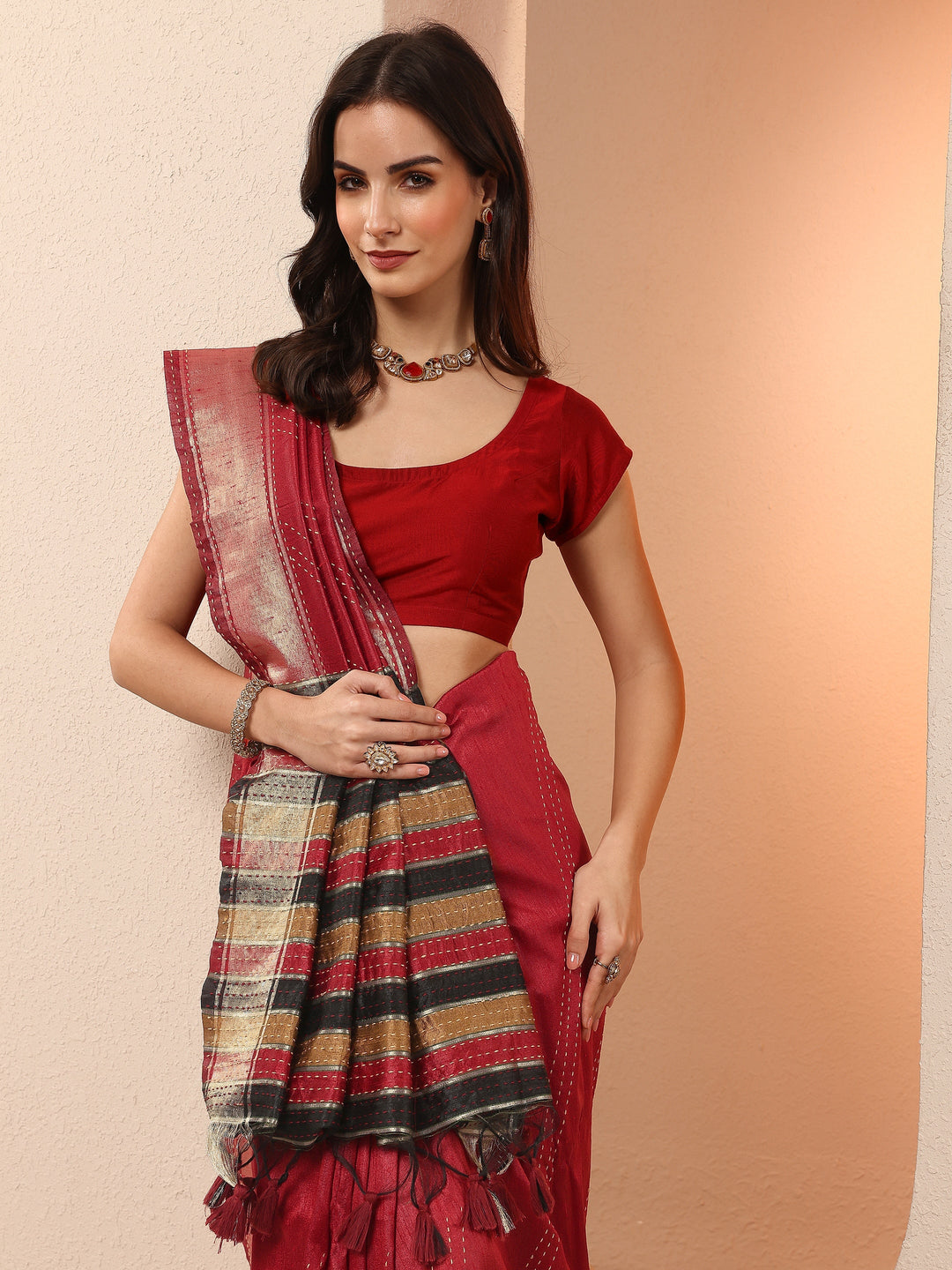 Red Embellished Silk Blend Sarees With Unstitched Blouse Piece