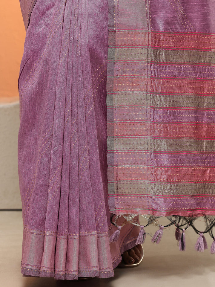 Lavender Embellished Silk Blend Sarees With Unstitched Blouse Piece