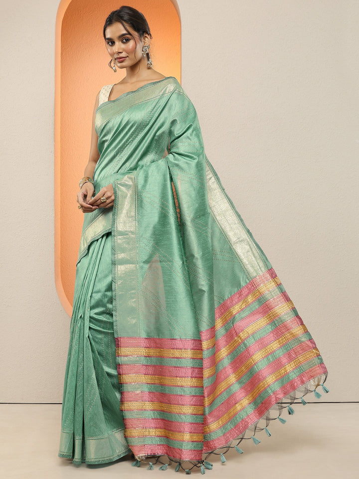 Green Embellished Silk Blend Sarees With Unstitched Blouse Piece