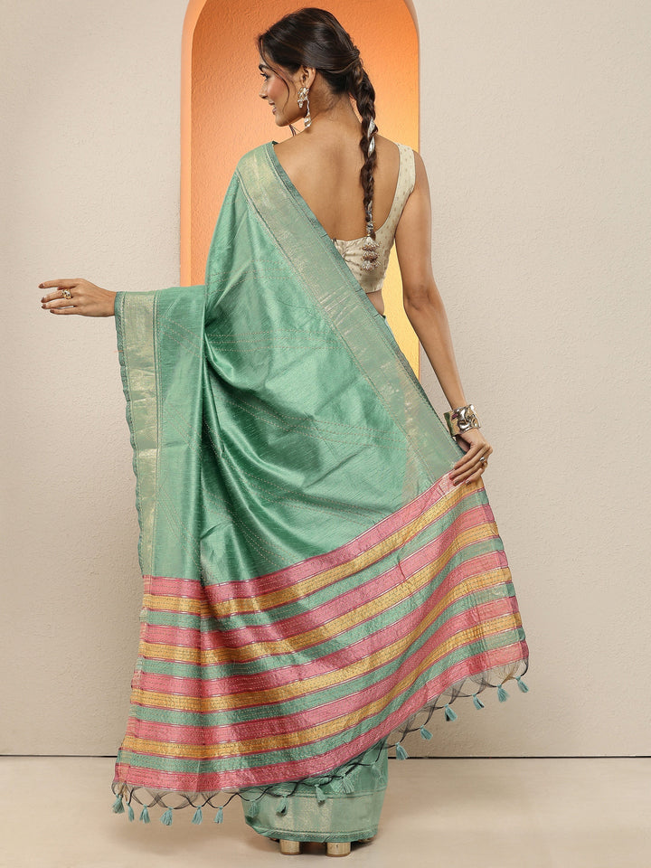 Green Embellished Silk Blend Sarees With Unstitched Blouse Piece