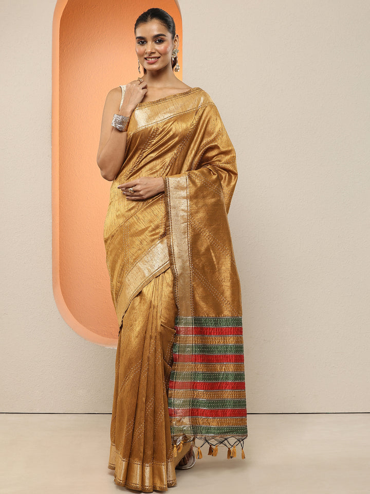 Gold Embellished Silk Blend Sarees With Unstitched Blouse Piece