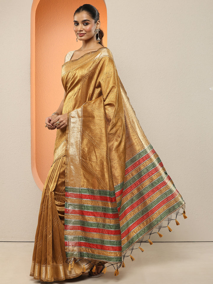 Gold Embellished Silk Blend Sarees With Unstitched Blouse Piece