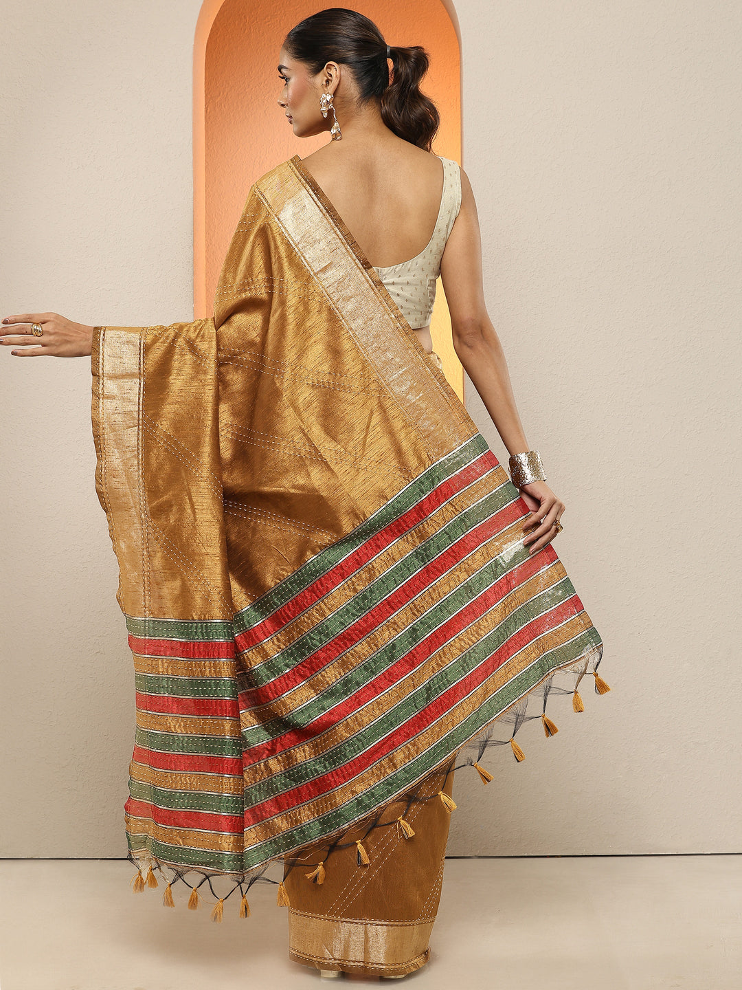 Gold Embellished Silk Blend Sarees With Unstitched Blouse Piece