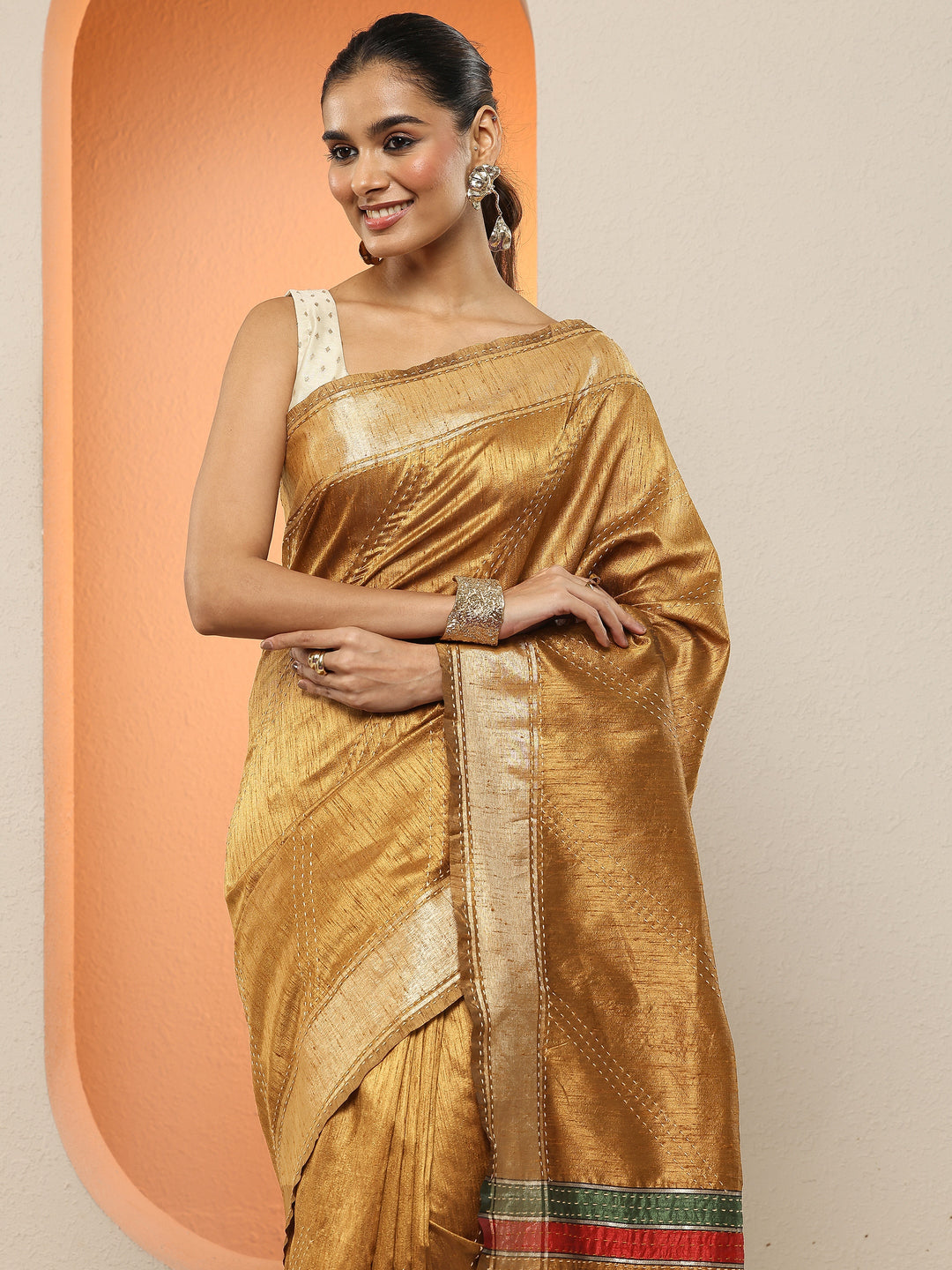 Gold Embellished Silk Blend Sarees With Unstitched Blouse Piece