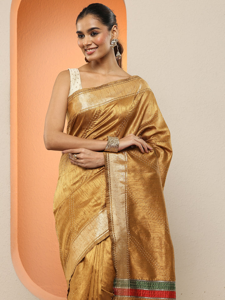 Gold Embellished Silk Blend Sarees With Unstitched Blouse Piece