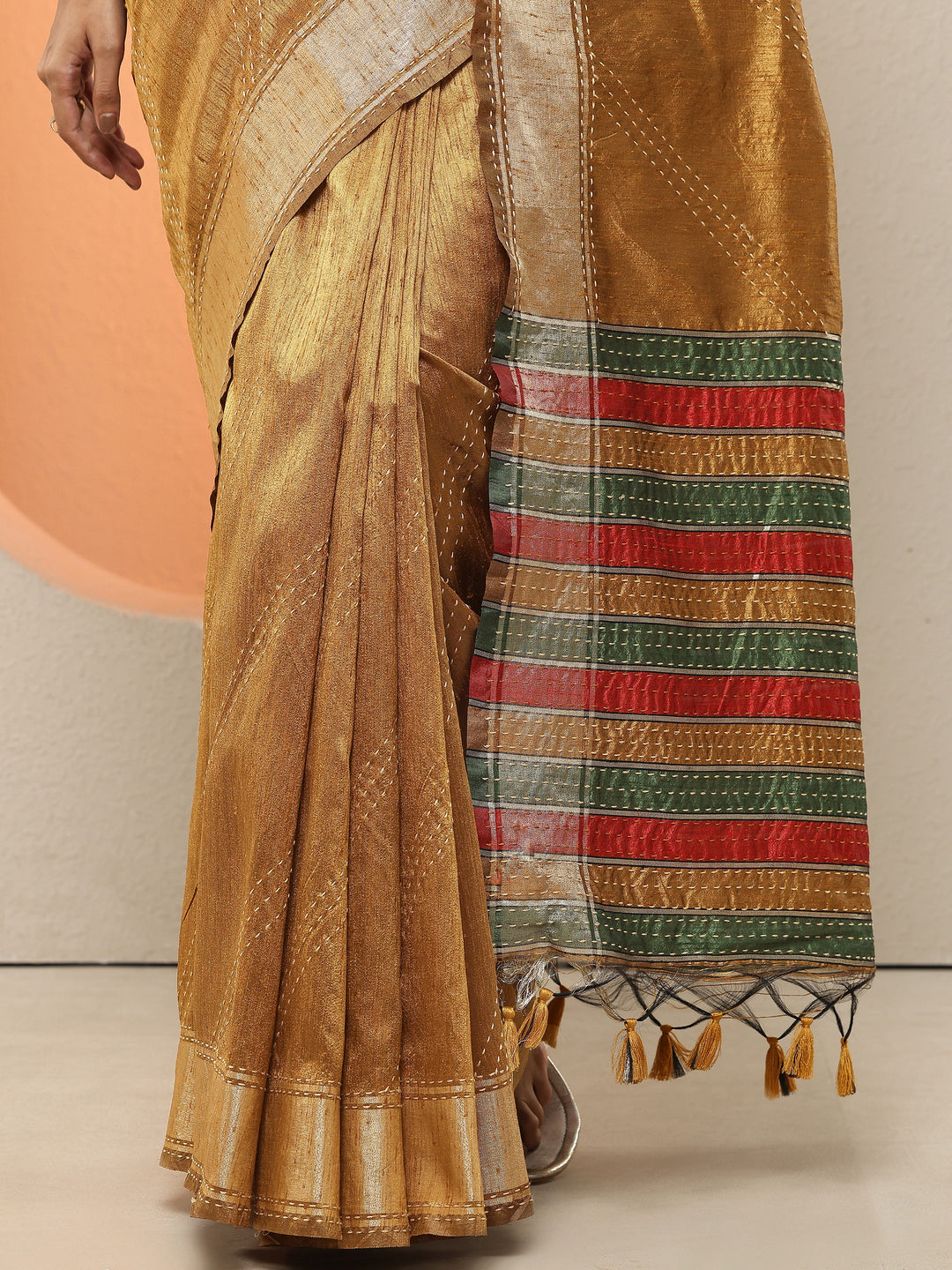 Gold Embellished Silk Blend Sarees With Unstitched Blouse Piece