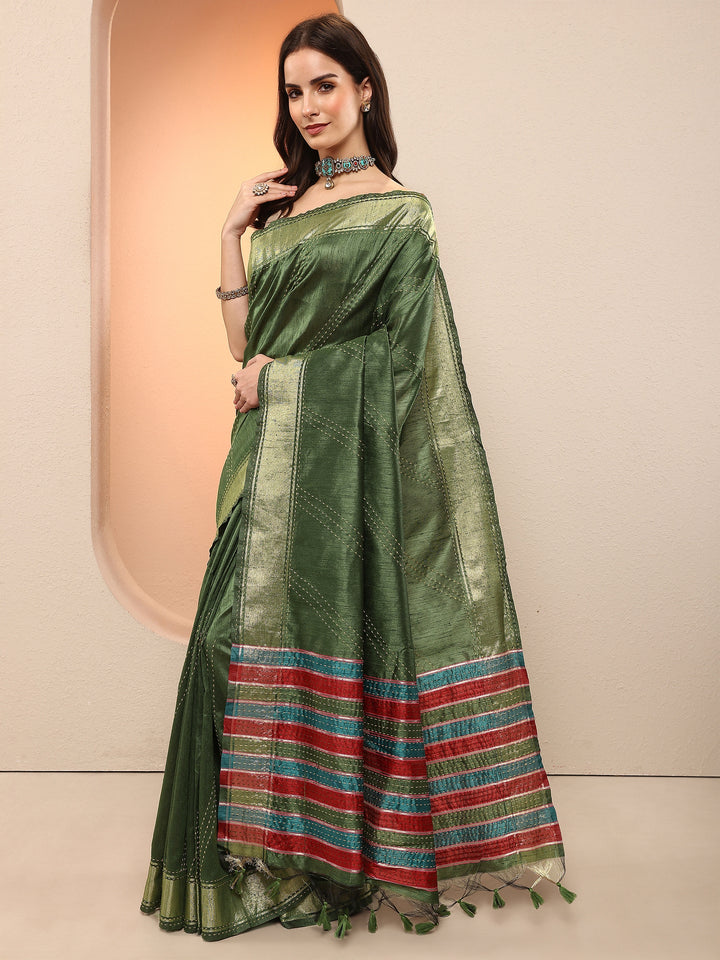 Green Embellished Silk Blend Sarees With Unstitched Blouse Piece