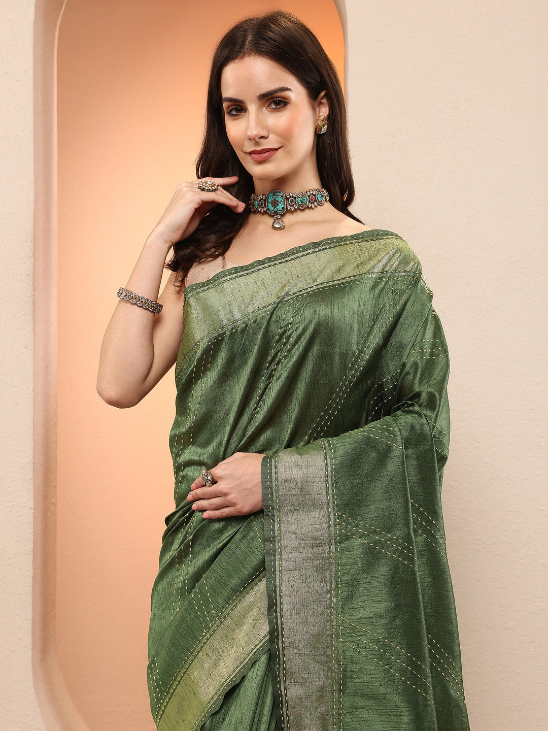 Green Embellished Silk Blend Sarees With Unstitched Blouse Piece