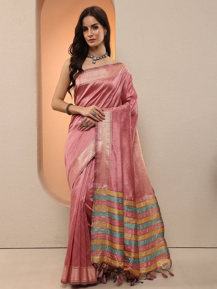 Pink Embellished Silk Blend Saree With Unstitched Blouse Piece