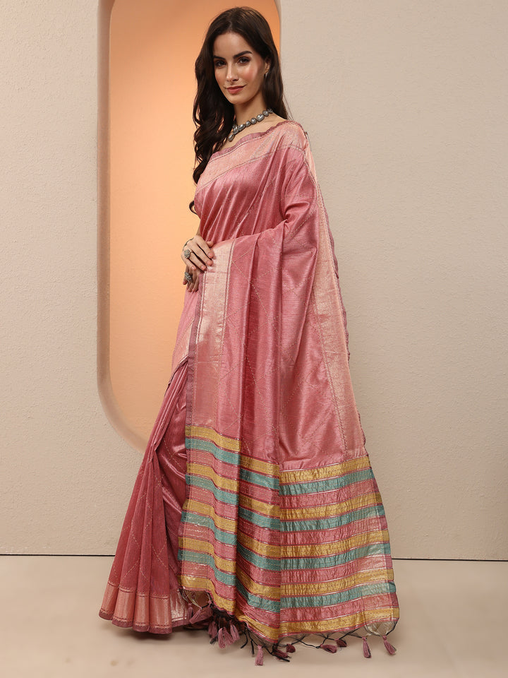Pink Embellished Silk Blend Saree With Unstitched Blouse Piece