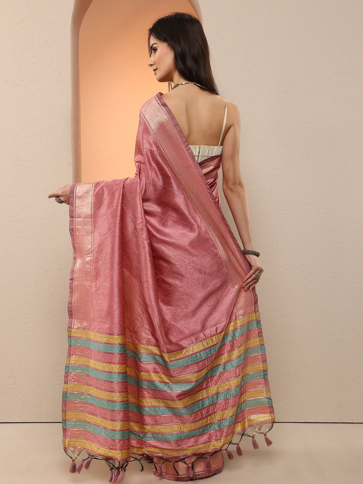 Pink Embellished Silk Blend Saree With Unstitched Blouse Piece