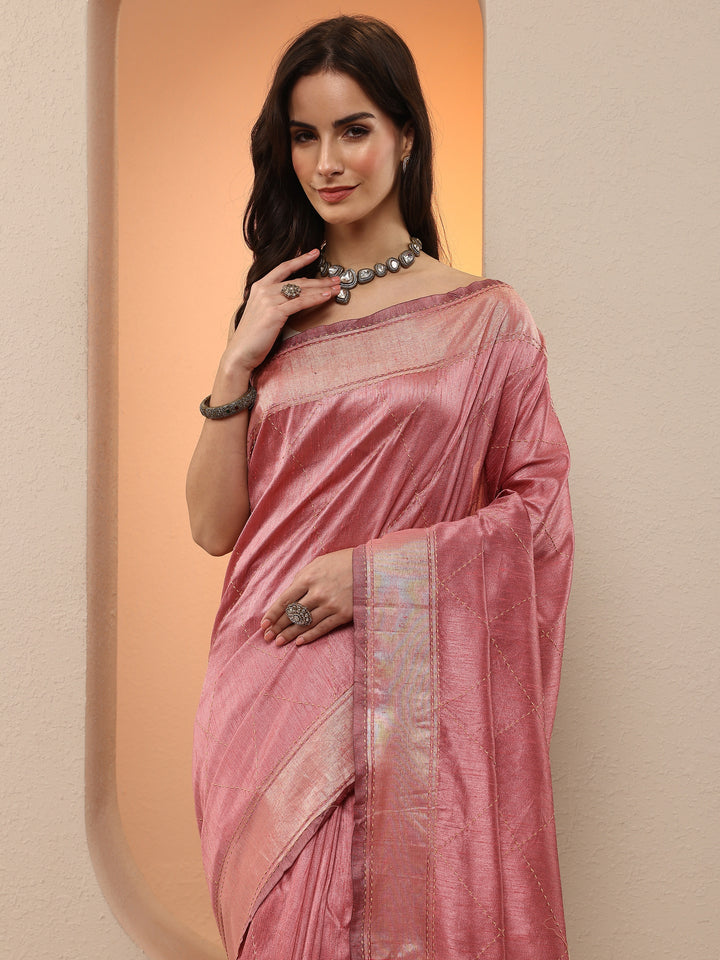 Pink Embellished Silk Blend Saree With Unstitched Blouse Piece