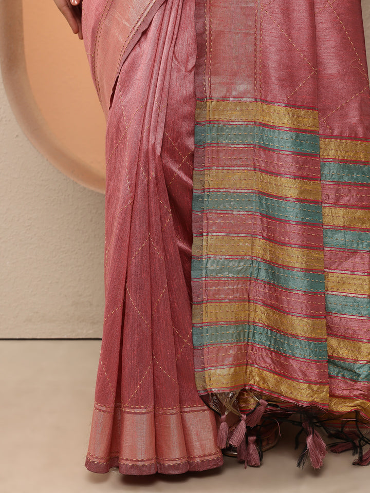 Pink Embellished Silk Blend Saree With Unstitched Blouse Piece